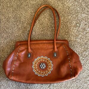 Sharif Tan Leather Shoulder Bag with Medallion and Studs